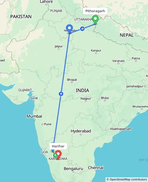 Route map showing distance and travel time from Pithoragarh, India to Harihar, India