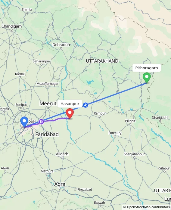 Route map showing distance and travel time from Pithoragarh, India to Hasanpur, India