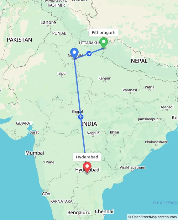 Route map showing distance and travel time from Pithoragarh, India to Hyderabad, India
