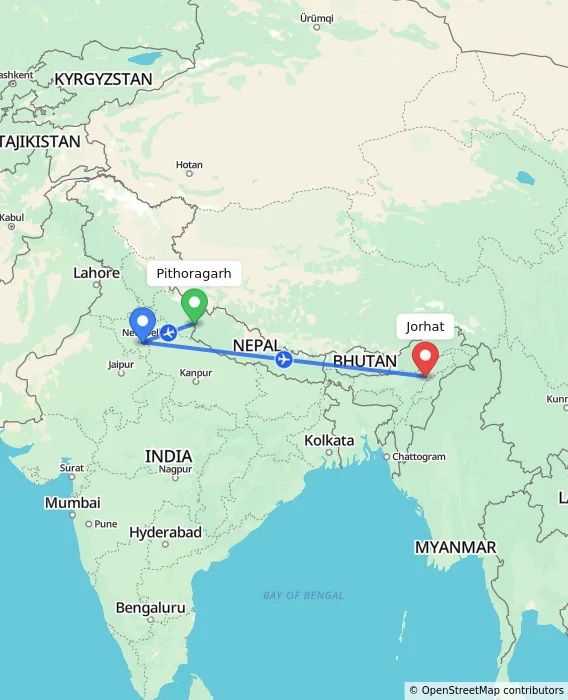 Route map showing distance and travel time from Pithoragarh, India to Jorhat, India