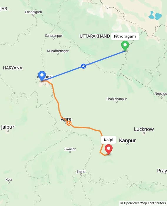 Route map showing distance and travel time from Pithoragarh, India to Kalpi, India