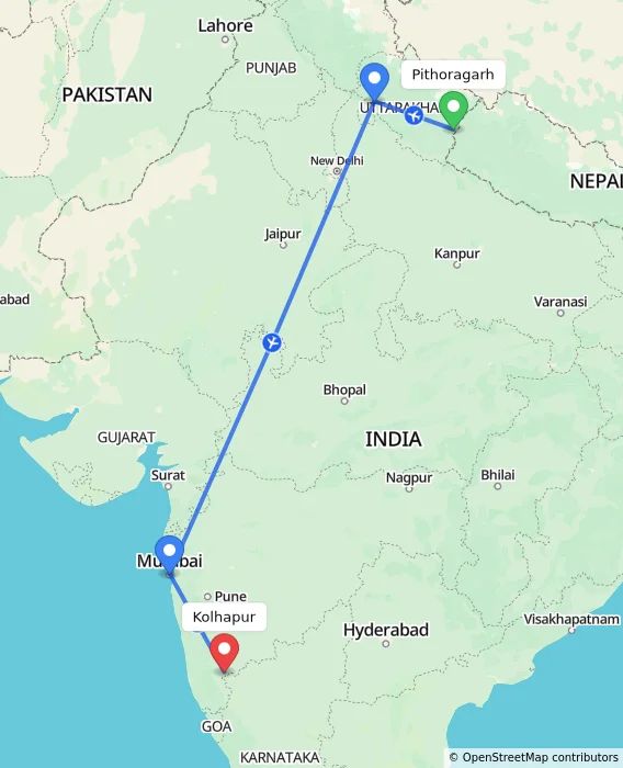 Route map showing distance and travel time from Pithoragarh, India to Kolhapur, India