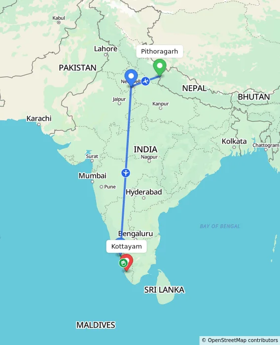 Route map showing distance and travel time from Pithoragarh, India to Kottayam, India
