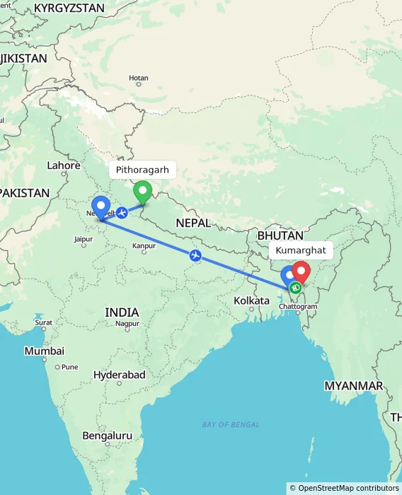 Route map showing distance and travel time from Pithoragarh, India to Kumarghat, India