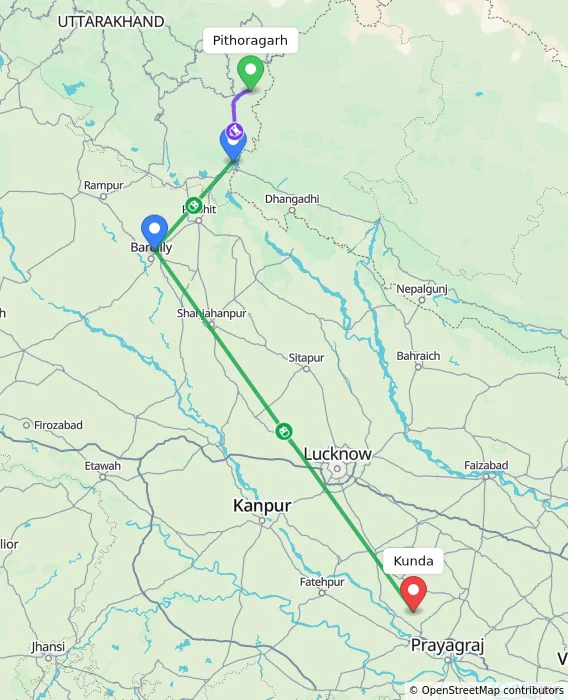 Route map showing distance and travel time from Pithoragarh, India to Kunda, India