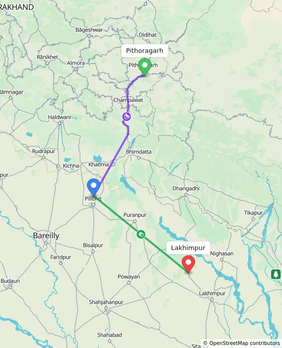 Route map showing distance and travel time from Pithoragarh, India to Lakhimpur, India