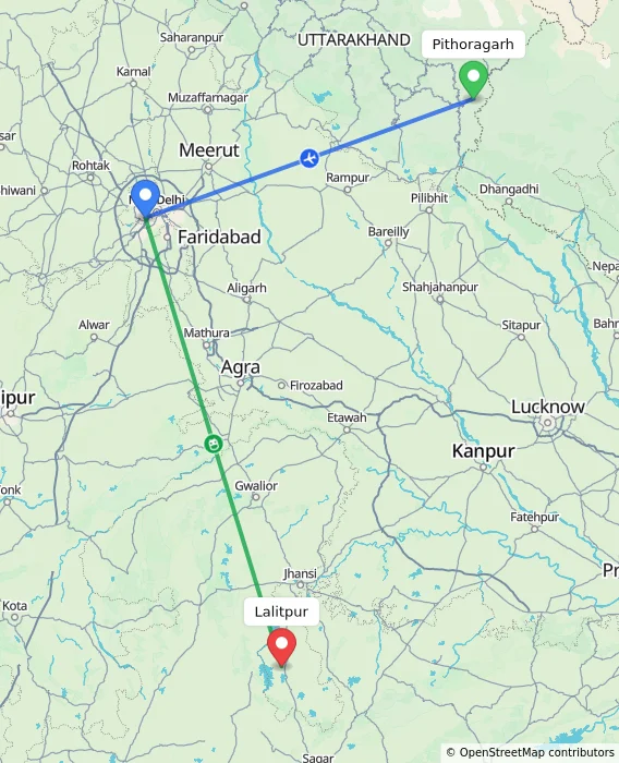 Route map showing distance and travel time from Pithoragarh, India to Lalitpur, India