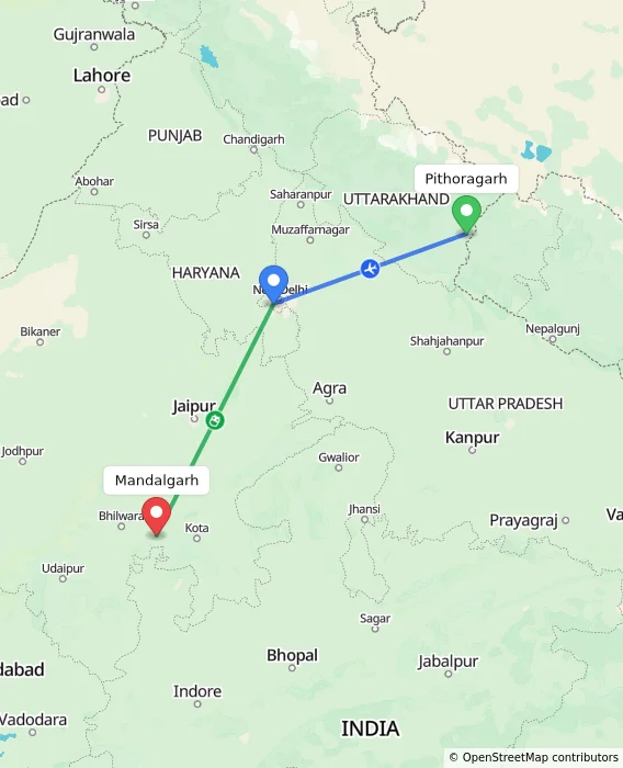 Route map showing distance and travel time from Pithoragarh, India to Mandalgarh, India