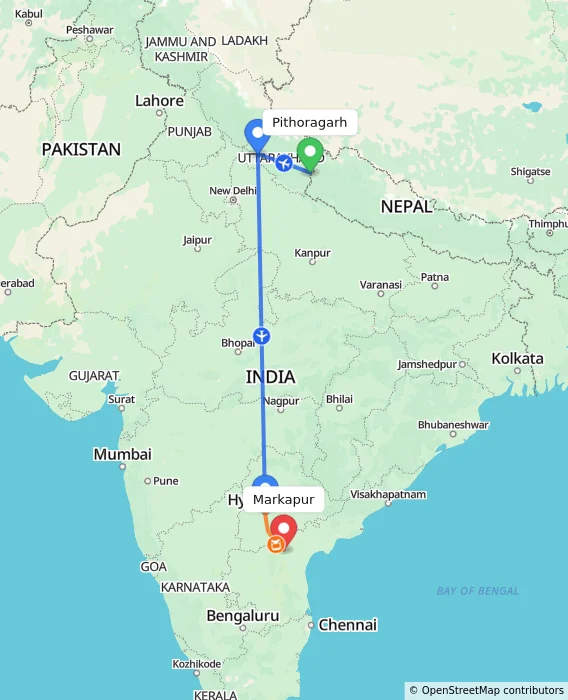 Route map showing distance and travel time from Pithoragarh, India to Markapur, India