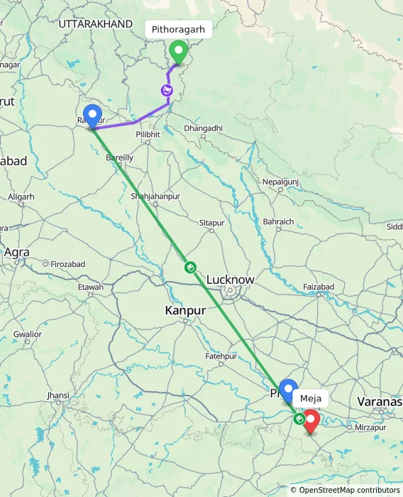 Route map showing distance and travel time from Pithoragarh, India to Meja, India