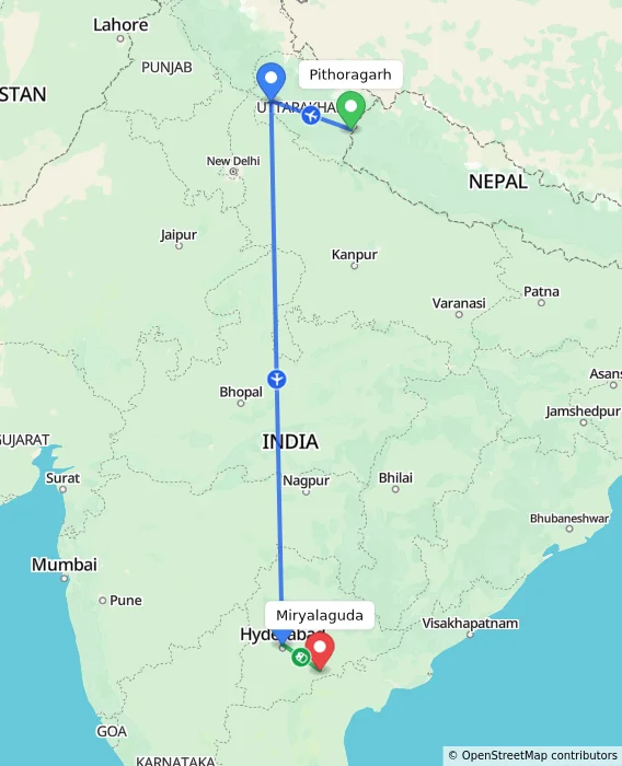Route map showing distance and travel time from Pithoragarh, India to Miryalaguda, India