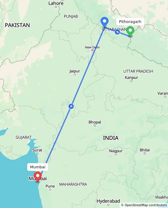 Route map showing distance and travel time from Pithoragarh, India to Mumbai, India