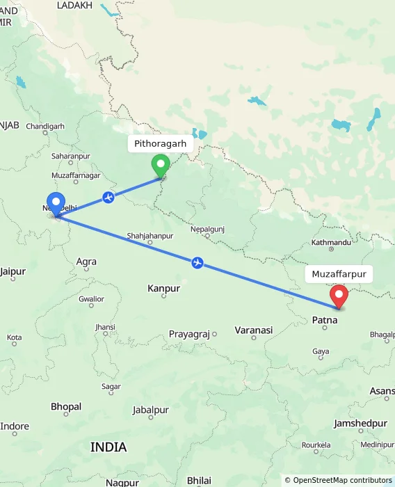 Route map showing distance and travel time from Pithoragarh, India to Muzaffarpur, India