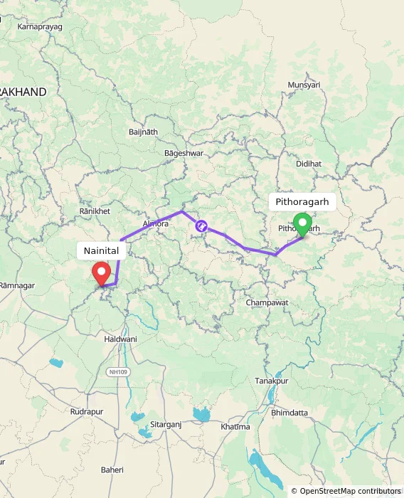 Route map showing distance and travel time from Pithoragarh, India to Nainital, India