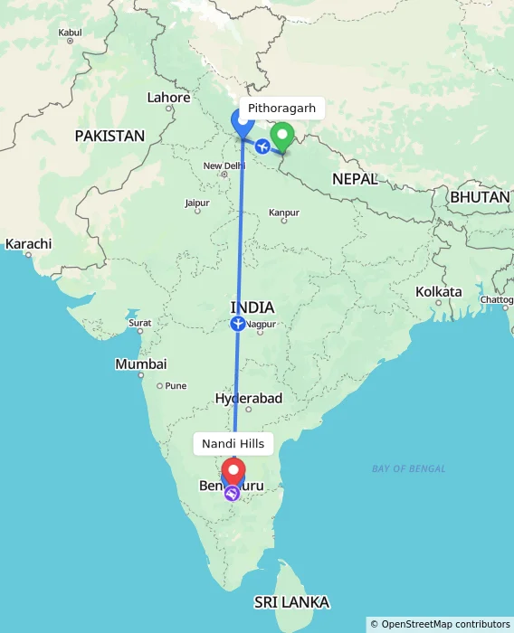 Route map showing distance and travel time from Pithoragarh, India to Nandi Hills, India