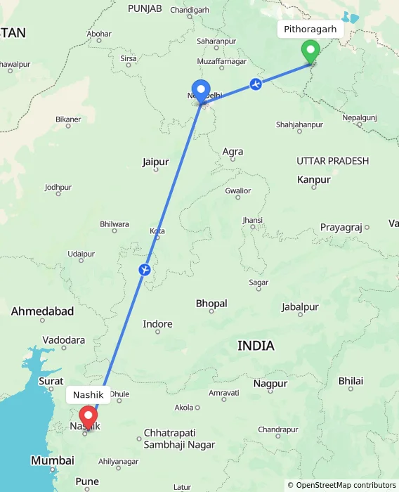 Route map showing distance and travel time from Pithoragarh, India to Nashik, India