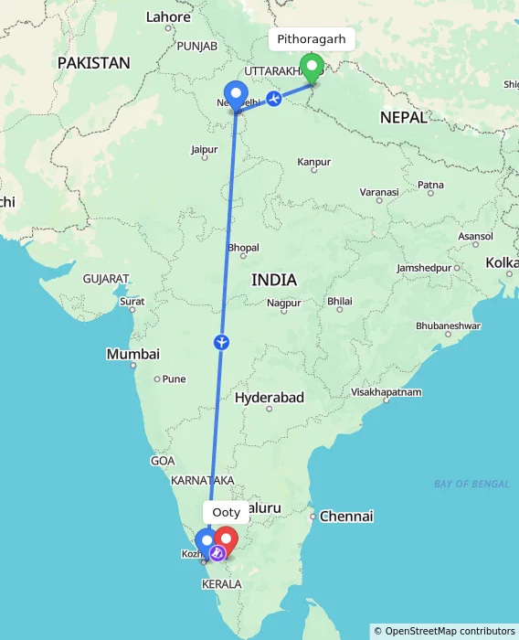 Route map showing distance and travel time from Pithoragarh, India to Ooty, India