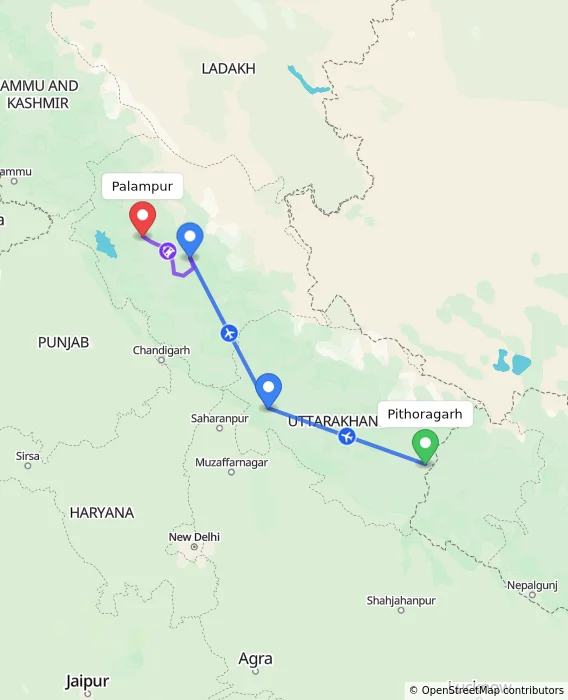Route map showing distance and travel time from Pithoragarh, India to Palampur, India