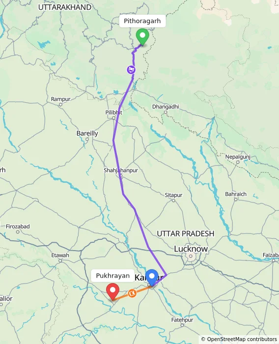 Route map showing distance and travel time from Pithoragarh, India to Pukhrayan, India