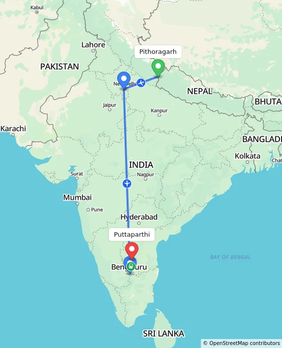 Route map showing distance and travel time from Pithoragarh, India to Puttaparthi, India