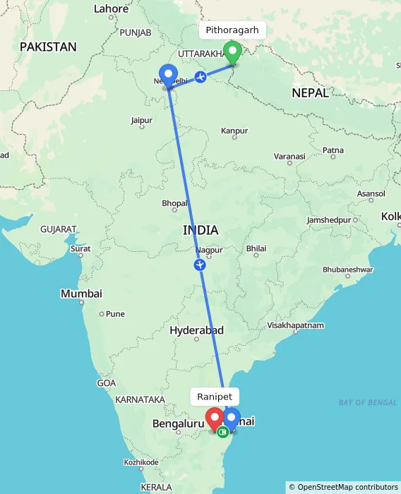 Route map showing distance and travel time from Pithoragarh, India to Ranipet, India