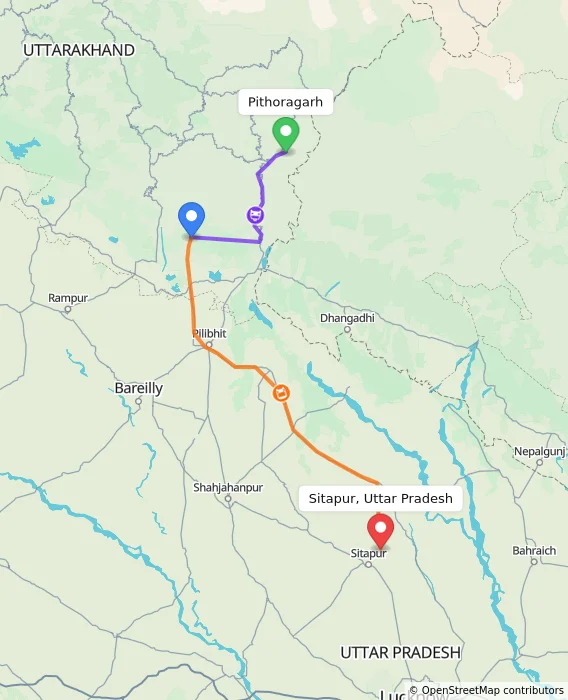 Route map showing distance and travel time from Pithoragarh, India to Sitapur, Uttar Pradesh, India