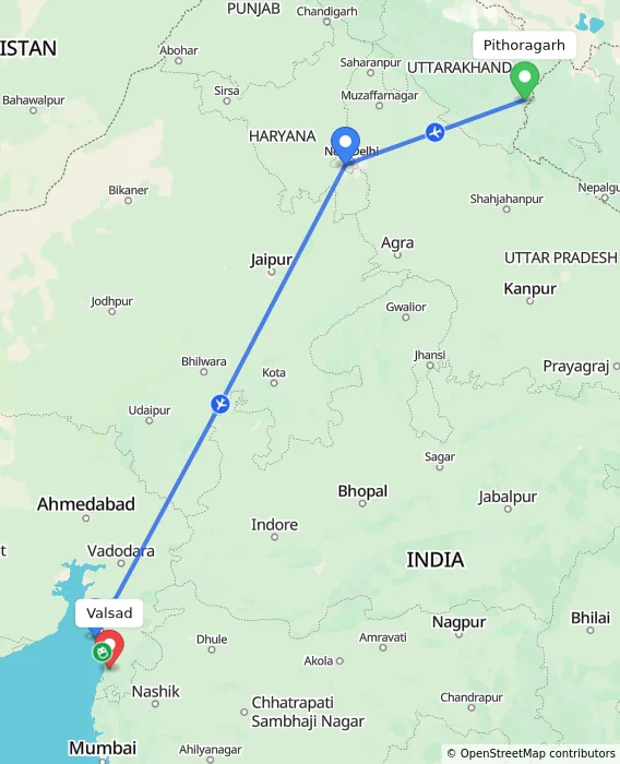 Route map showing distance and travel time from Pithoragarh, India to Valsad, India