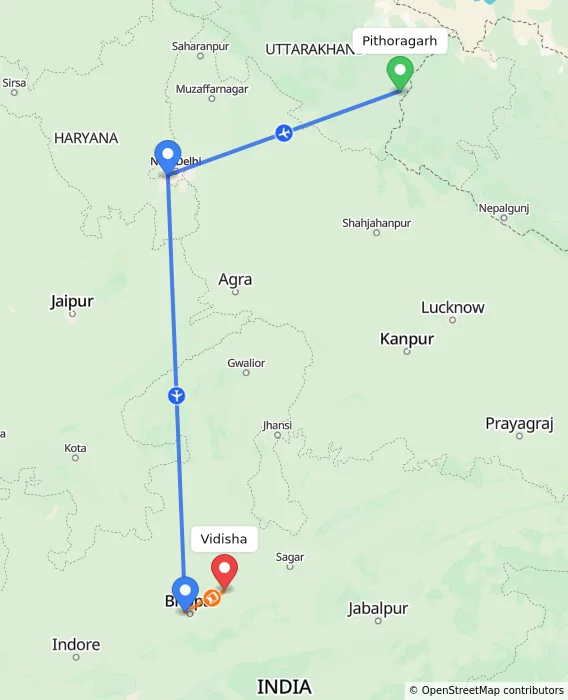 Route map showing distance and travel time from Pithoragarh, India to Vidisha, India