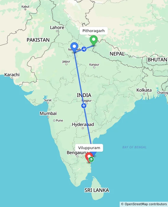 Route map showing distance and travel time from Pithoragarh, India to Viluppuram, India