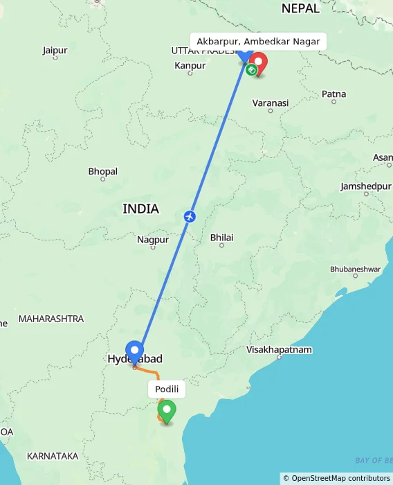 Route map showing distance and travel time from Podili, India to Akbarpur, Ambedkar Nagar, India