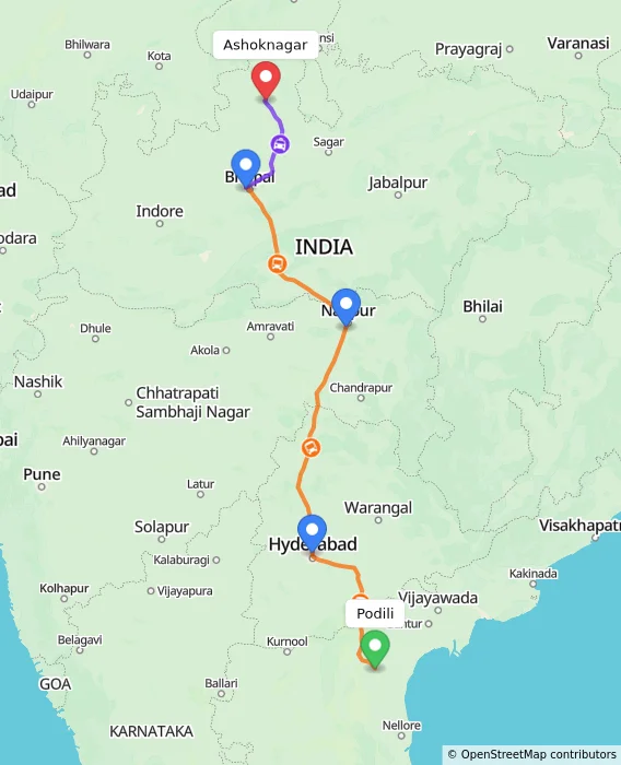 Route map showing distance and travel time from Podili, India to Ashoknagar, India
