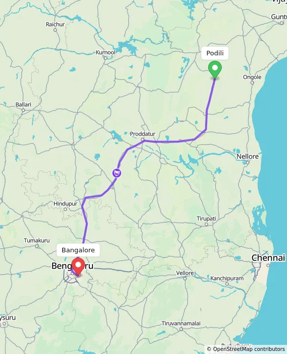 Route map showing distance and travel time from Podili, India to Bangalore, India