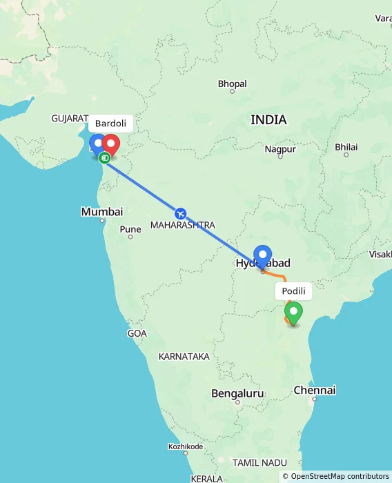 Route map showing distance and travel time from Podili, India to Bardoli, India