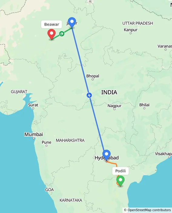 Route map showing distance and travel time from Podili, India to Beawar, India