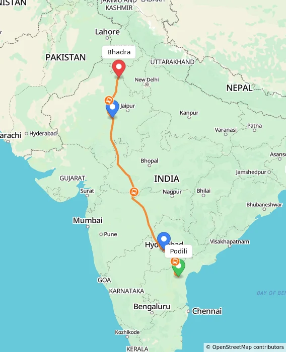 Route map showing distance and travel time from Podili, India to Bhadra, India