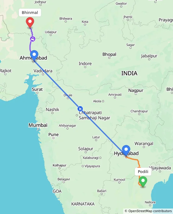 Route map showing distance and travel time from Podili, India to Bhinmal, India