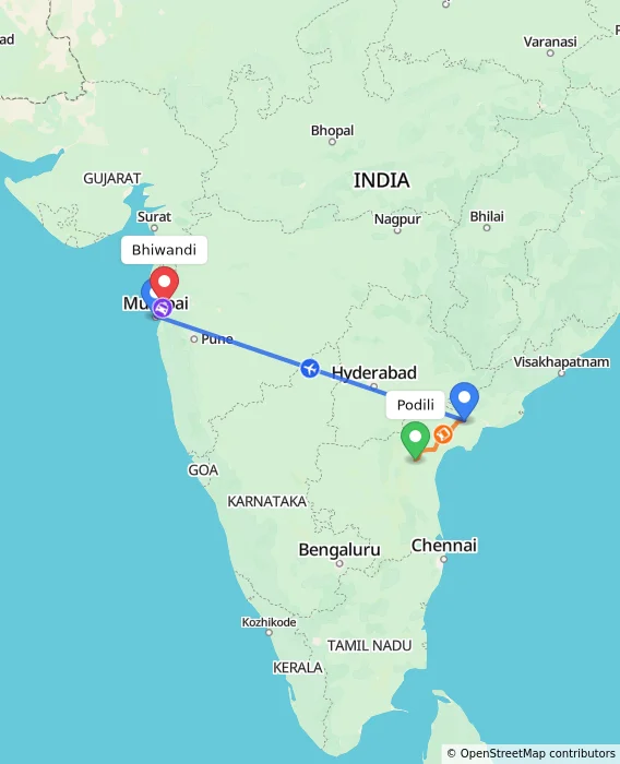 Route map showing distance and travel time from Podili, India to Bhiwandi, India