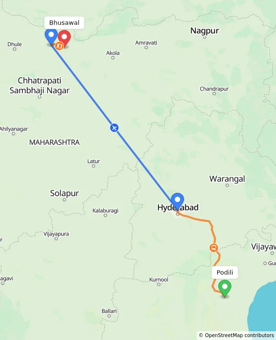 Route map showing distance and travel time from Podili, India to Bhusawal, India
