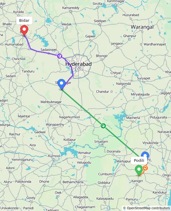 Route map showing distance and travel time from Podili, India to Bidar, India