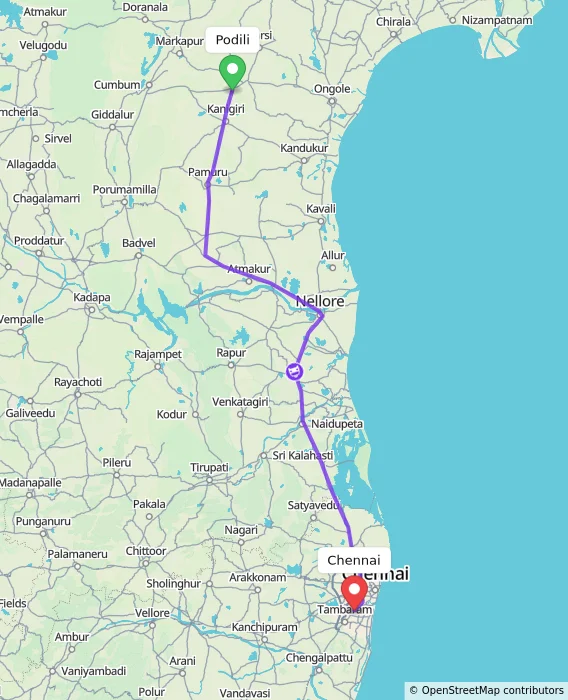 Route map showing distance and travel time from Podili, India to Chennai, India