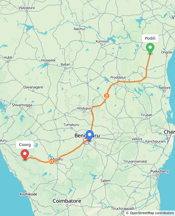 Route map showing distance and travel time from Podili, India to Coorg, India