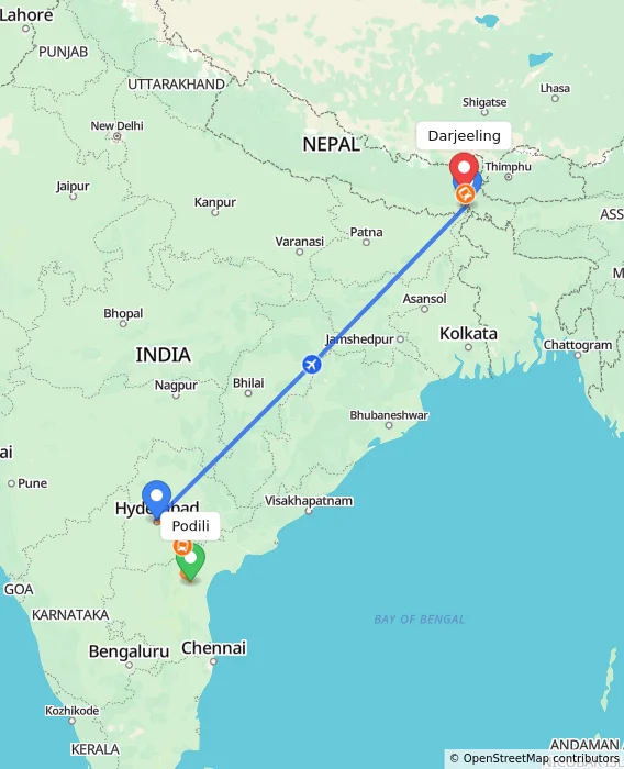 Route map showing distance and travel time from Podili, India to Darjeeling, India