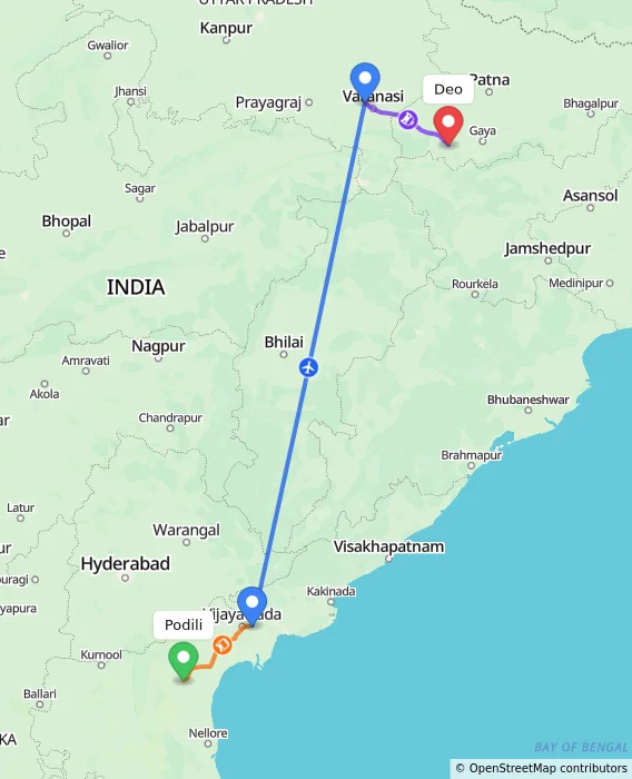 Route map showing distance and travel time from Podili, India to Deo, India