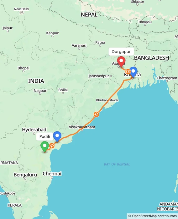 Route map showing distance and travel time from Podili, India to Durgapur, India