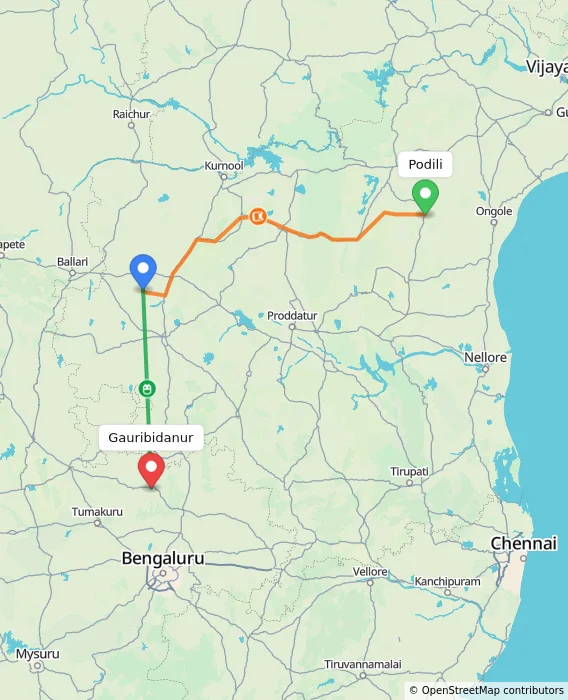 Route map showing distance and travel time from Podili, India to Gauribidanur, India