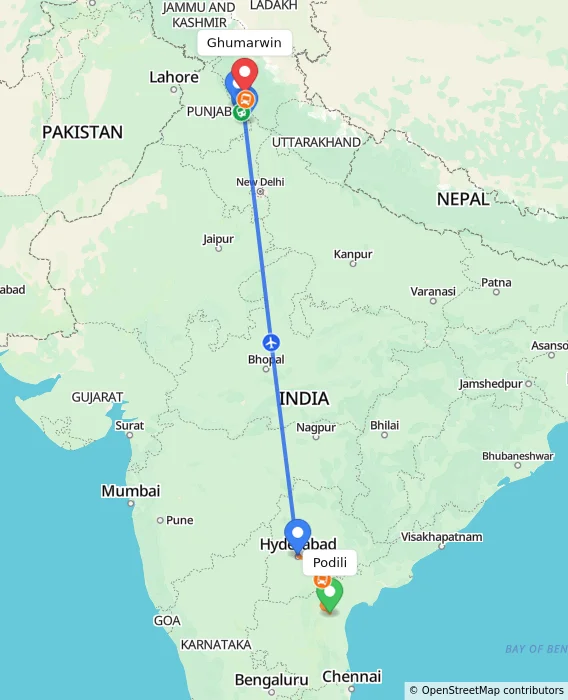 Route map showing distance and travel time from Podili, India to Ghumarwin, India