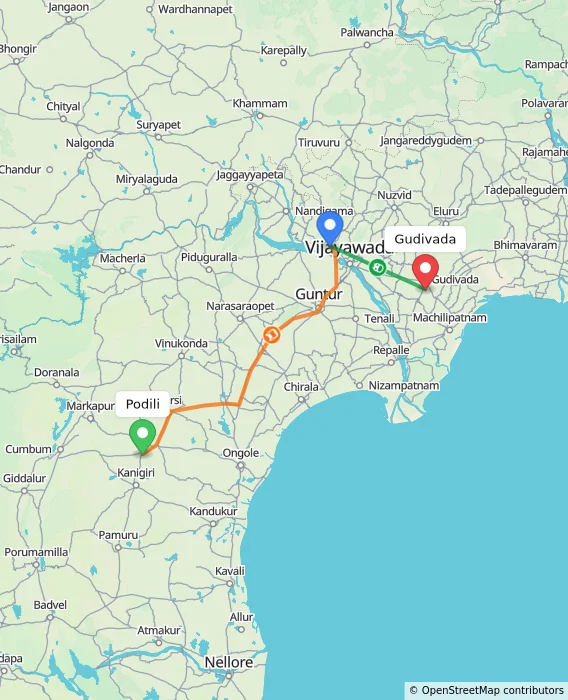 Route map showing distance and travel time from Podili, India to Gudivada, India