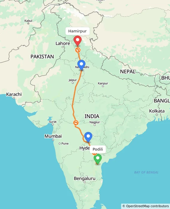 Route map showing distance and travel time from Podili, India to Hamirpur, India
