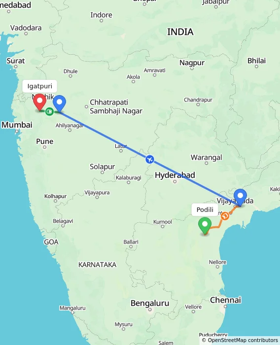 Route map showing distance and travel time from Podili, India to Igatpuri, India