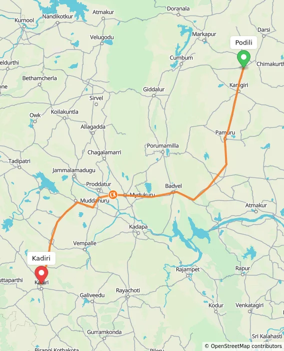 Route map showing distance and travel time from Podili, India to Kadiri, India